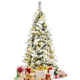 Pre-lit Snow Flocked Christmas Tree with Berries and Poinsettia Flowers (size: 8ft)